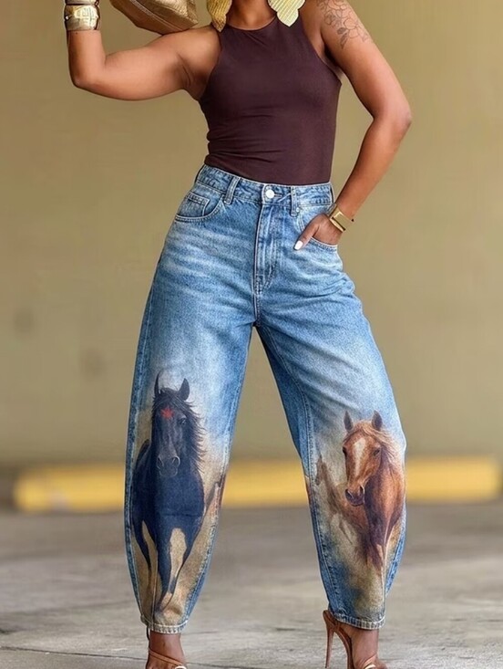 Denim - Jeans, High Waist Loose Straight Vintage Washed Denim Trousers, Horse Print
